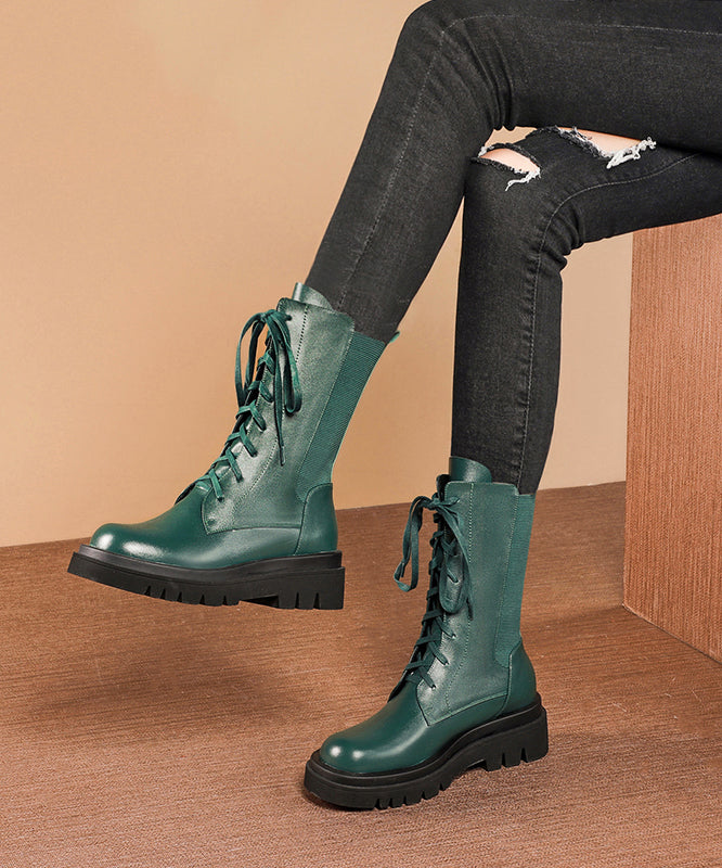Splicing Platform Boots Green Cowhide Leather Cross Strap