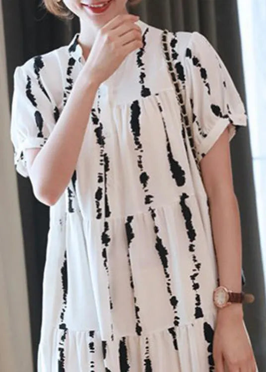 White O-neck Striped Print Wrinkled Button Maxi Dresses Summer