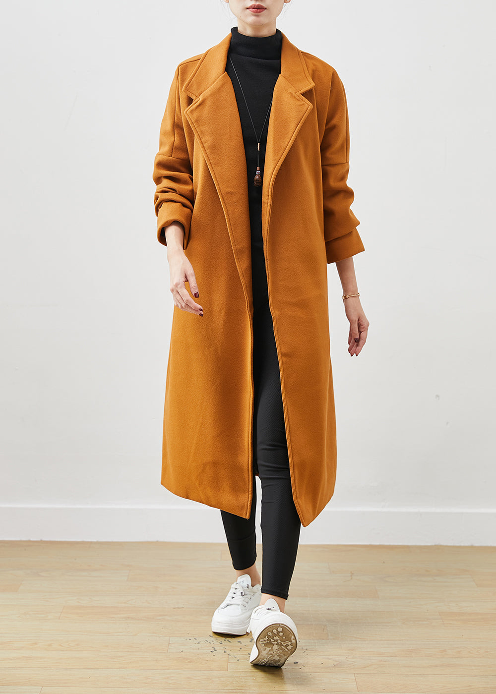 Orange Oversized Tie Waist Woolen Coat Spring