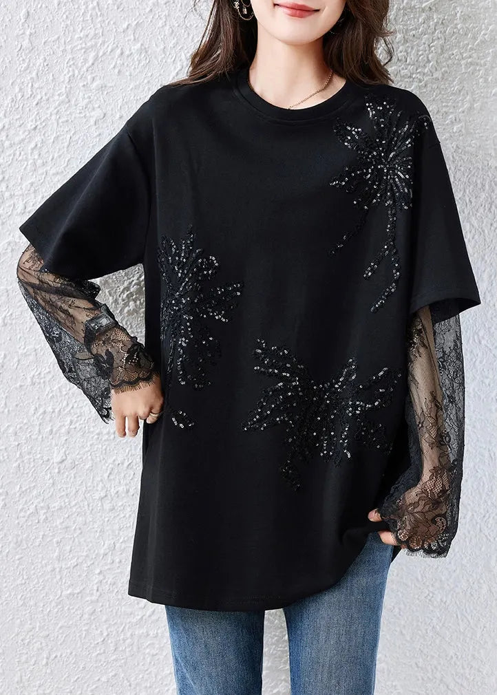 Loose Black Sequins Lace Patchwork Cotton T Shirts Fall
