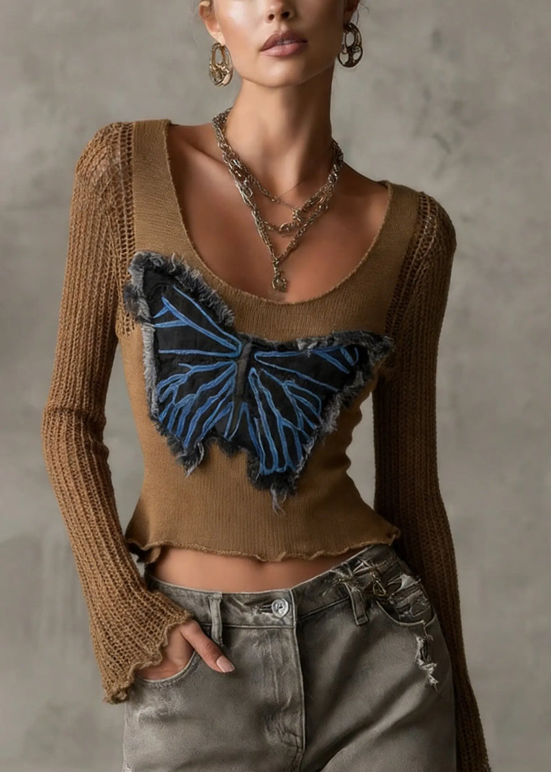 Coffee Butterfly Patch Hollow Out Knit Top Flare Sleeve