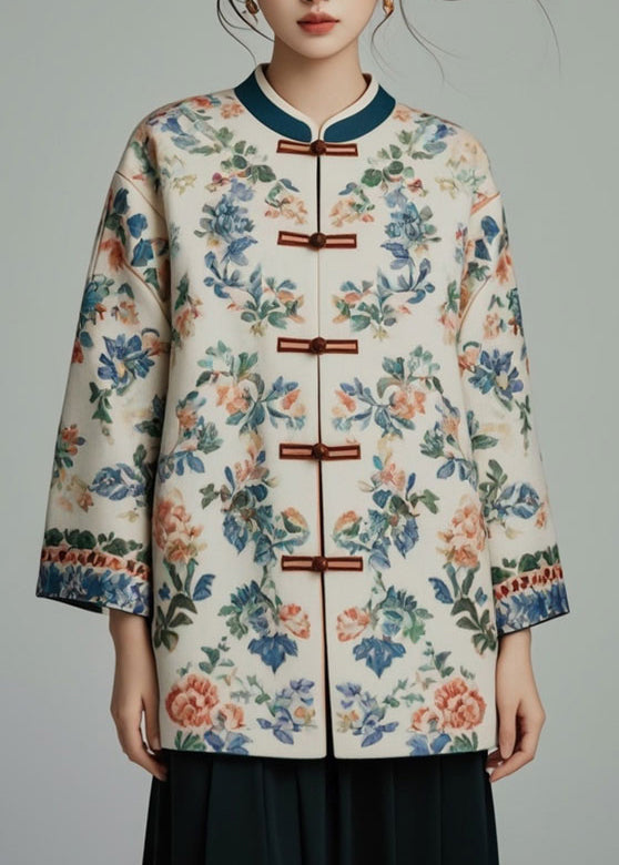 Apricot Stand Collar Print Coats Bracelet Sleeve