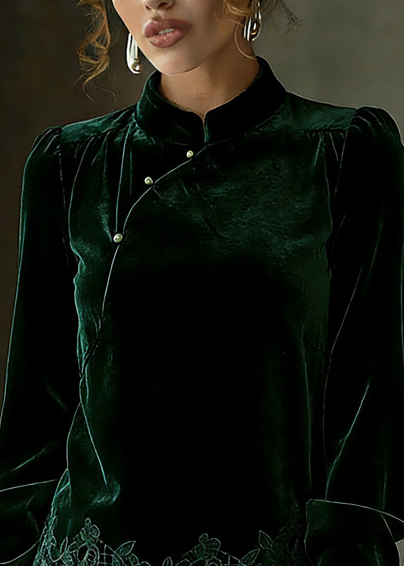 Blackish Green Hollow Out Shirts Lantern Sleeve Spring