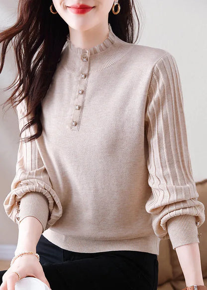 Oatmeal Ruffled Button Patchwork Woolen Sweater Spring