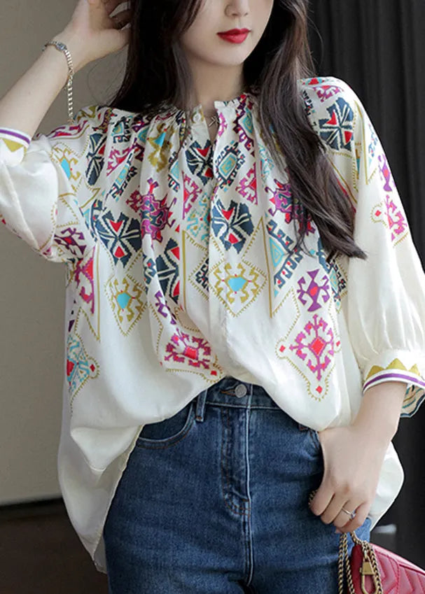 White O Neck Print Chiffon Shirt Spring