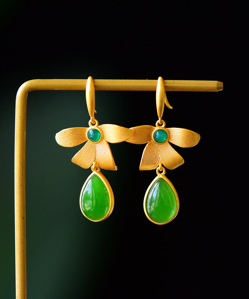Gold Sterling Silver Overgild Inlaid Jade Drop Earrings