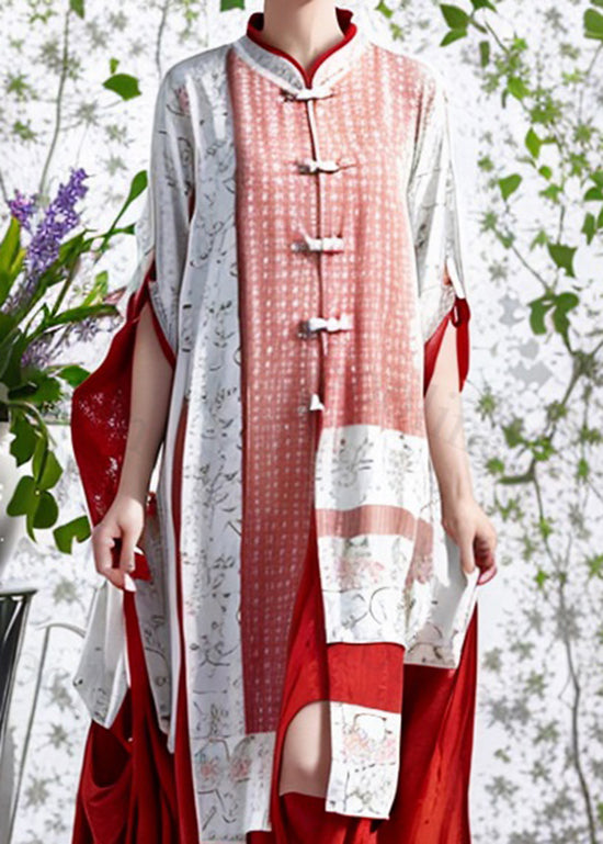 Red Stand Collar Oriental Button Silk Dresses Summer