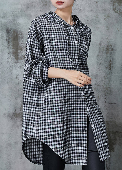 Grey Hooded Plaid Linen Long Shirt Summer