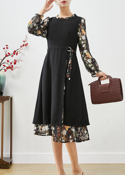 Classy Black Cinched Patchwork Silk Fake Two Piece Dress Spring