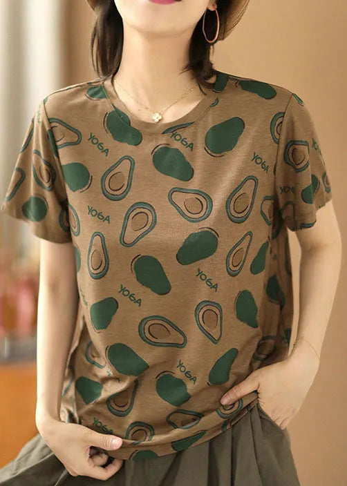 Original Design Dark Khaki O-neck Print Cotton Tank Top Short Sleeve