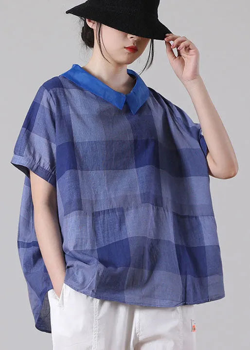 Blue Peter Pan Collar Plaid Patchwork Button Cotton Shirt Top Short Sleeve