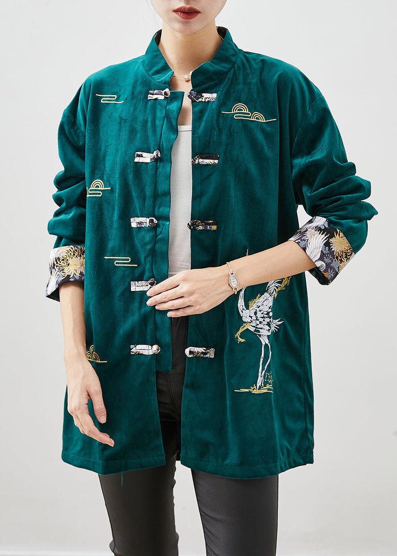Blackish Green Silk Velour Jackets Embroideried Chinese Button Fall
