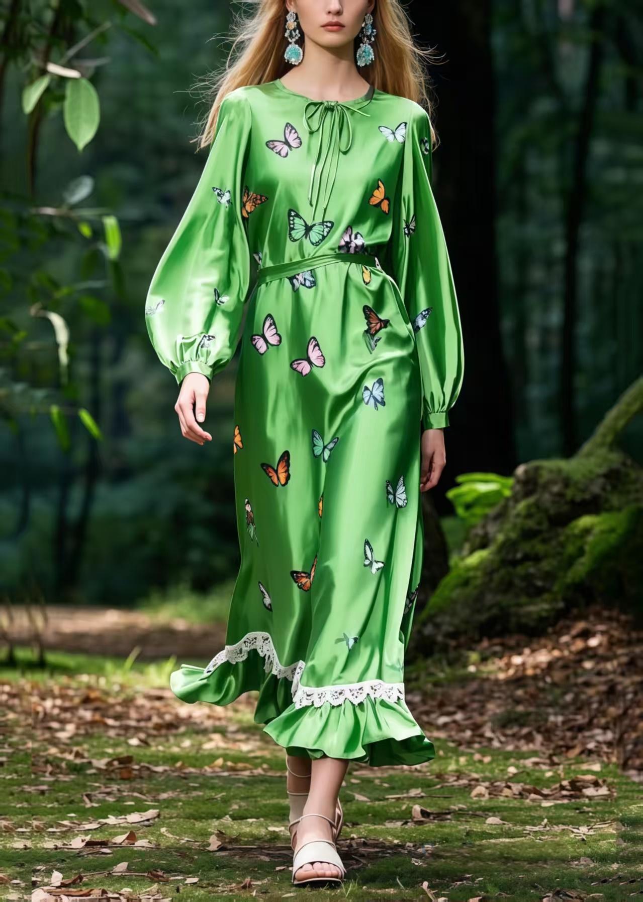 Tea Green Butterfly Silk Robe Dresses Spring