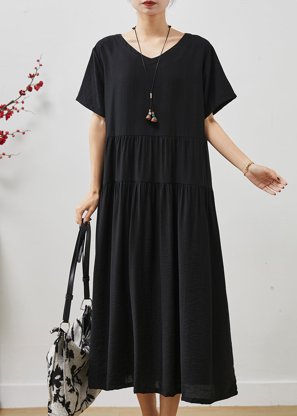 Black Oversized Patchwork Cotton Holiday Dress Summer