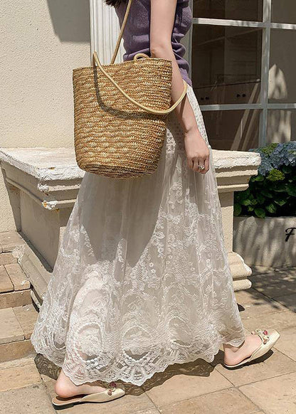 Simple Apricot Hollow Out Lace Elastic Waist Tulle Skirts Summer