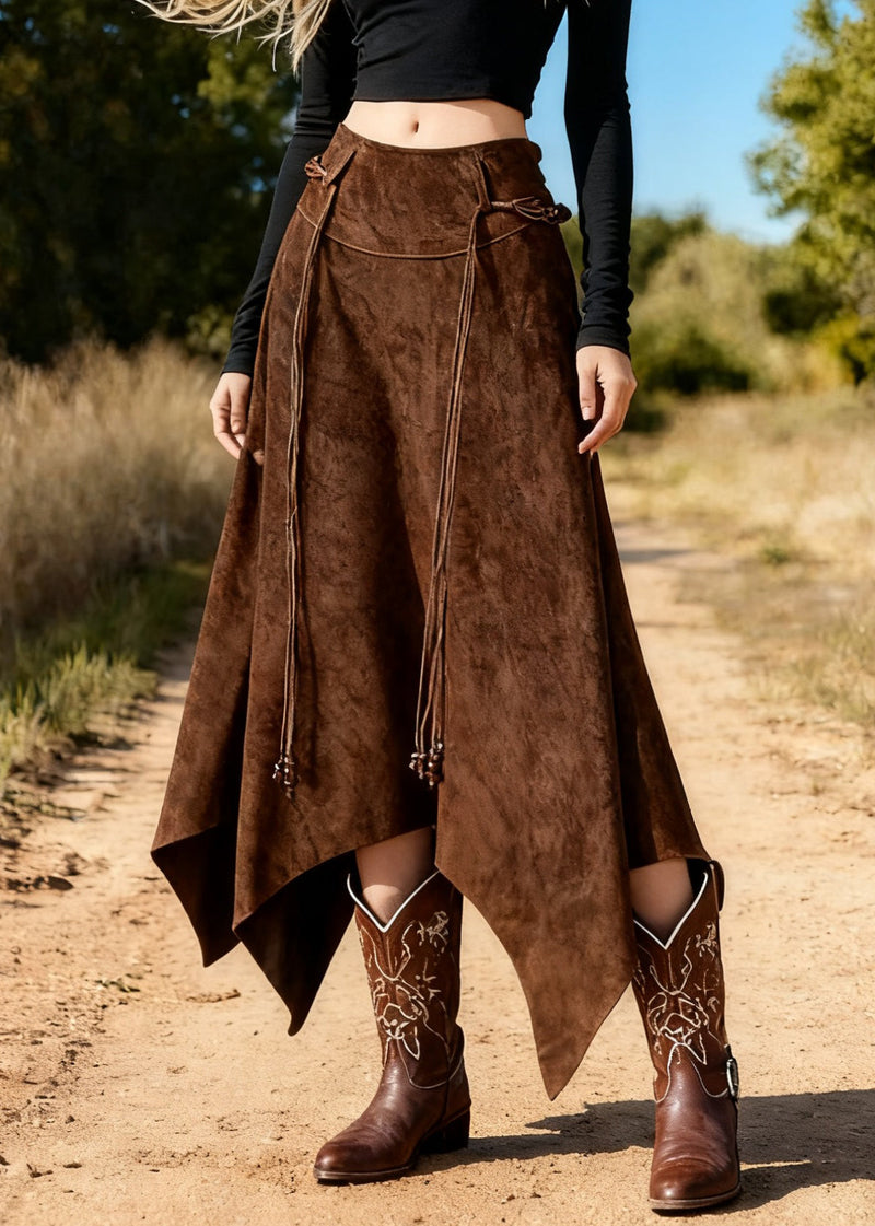 Coffee Asymmetrical Lace Up High Waist Faux Suede Skirts Spring