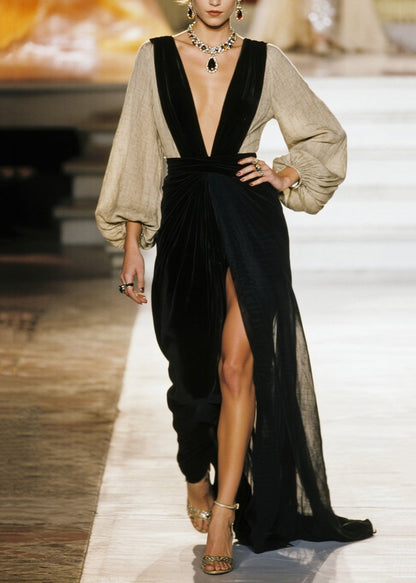 Boutique Colorblock V Neck Patchwork Side Open Cotton Dress Fall