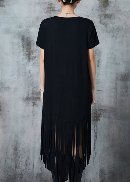 Fitted Black Tasseled Cotton Holiday Dress Summer