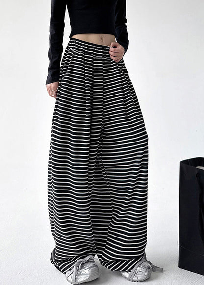 Black White Striped Elastic Waist Wide Leg Pants Spring