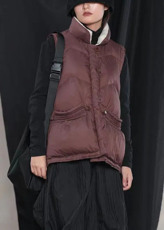 Street Mulberry Peter Pan Collar Pockets Button Winter Sleeveless Down Vest