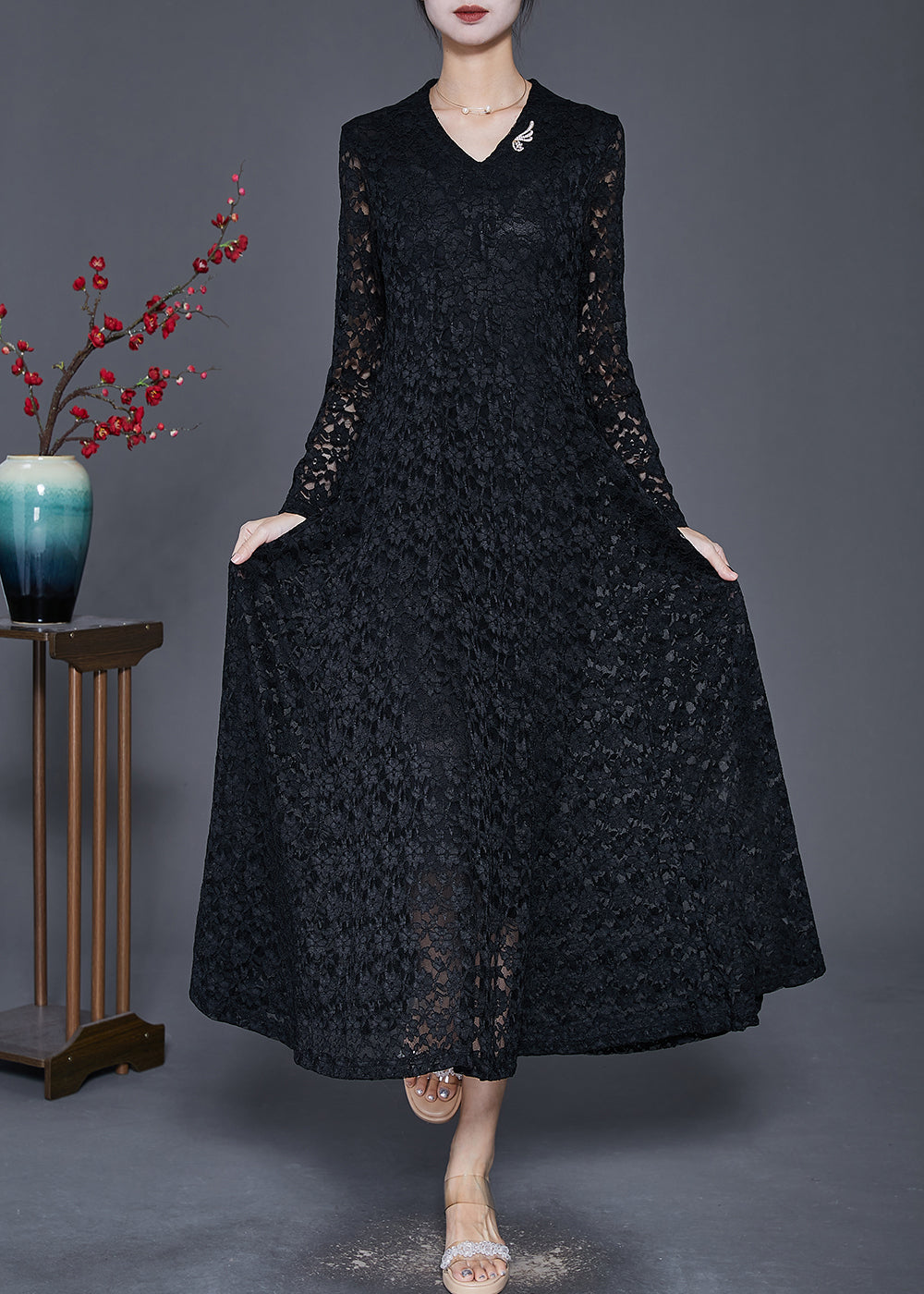 Black Silm Fit Lace a Line Dresses Hollow Out Spring
