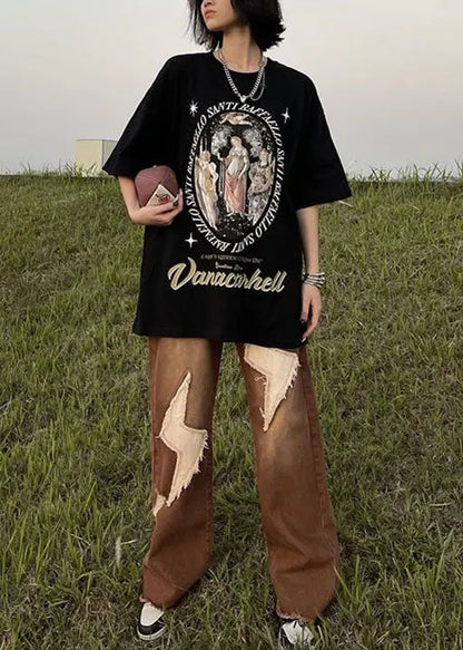 Black Print Cotton Tops T Shirt O Neck Summer