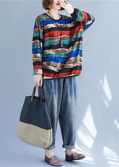 Simple Multicolour Striped O-neck Oversized Cotton Sweatshirts Tracksuits Spring