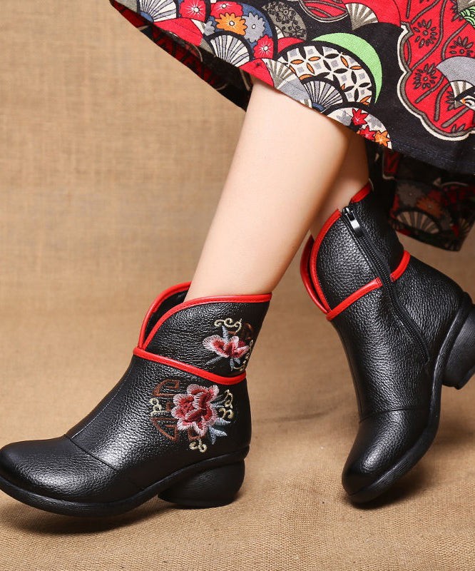 Embroidery Warm Fleece Boots Black Chunky Cowhide Leather