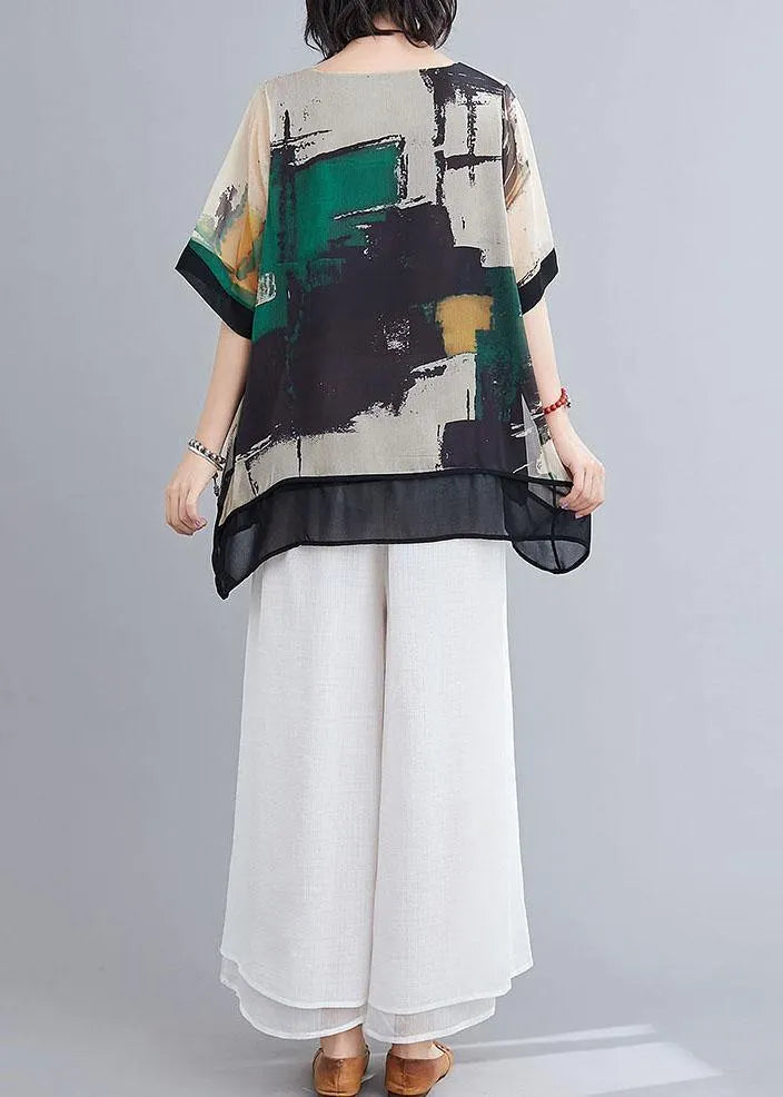Green Print O-neck Two Pieces Set Summer Chiffon