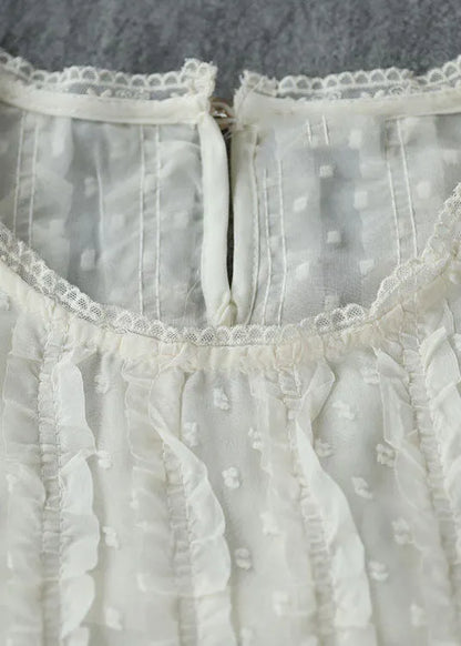 Beige O-neck Ruffled Jacquard Silk Shirts Short Sleeve