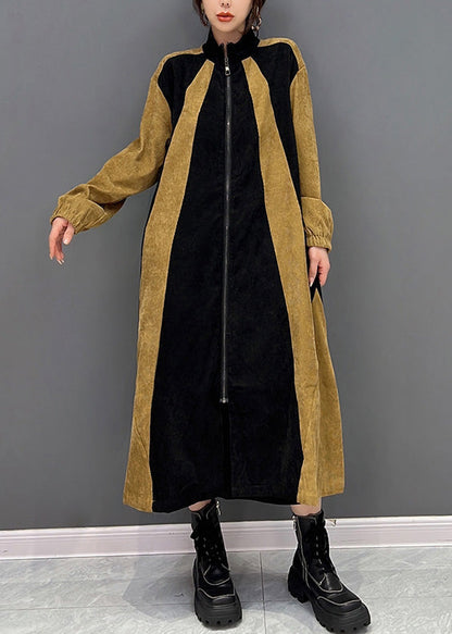 Black Patchwork Yellow Zippered Long Coat Spring