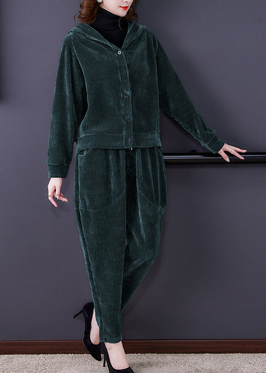 Loose Green Button Hooded Corduroy Coats and Harem Pants Two Pieces Set Long Sleeve