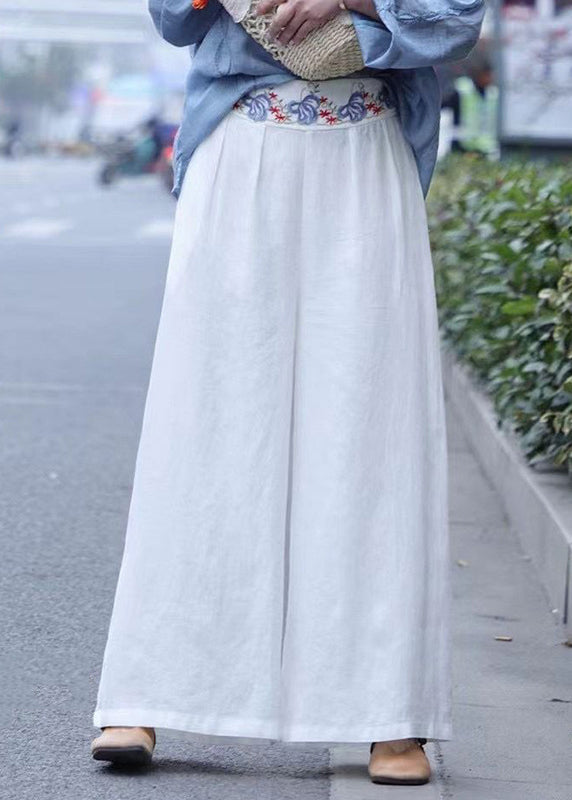 White Wrinkled Embroideried Linen Wide Leg Pants Spring