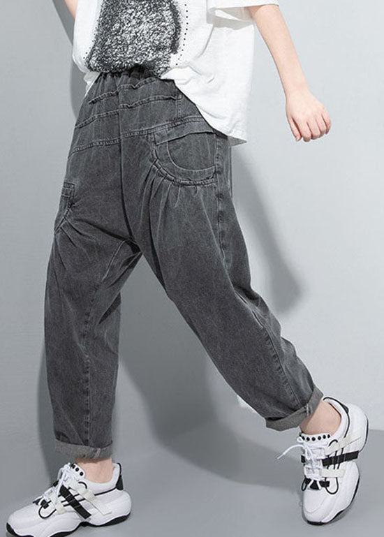 Handmade Black Elastic Waist Pockets Jean Pants Spring