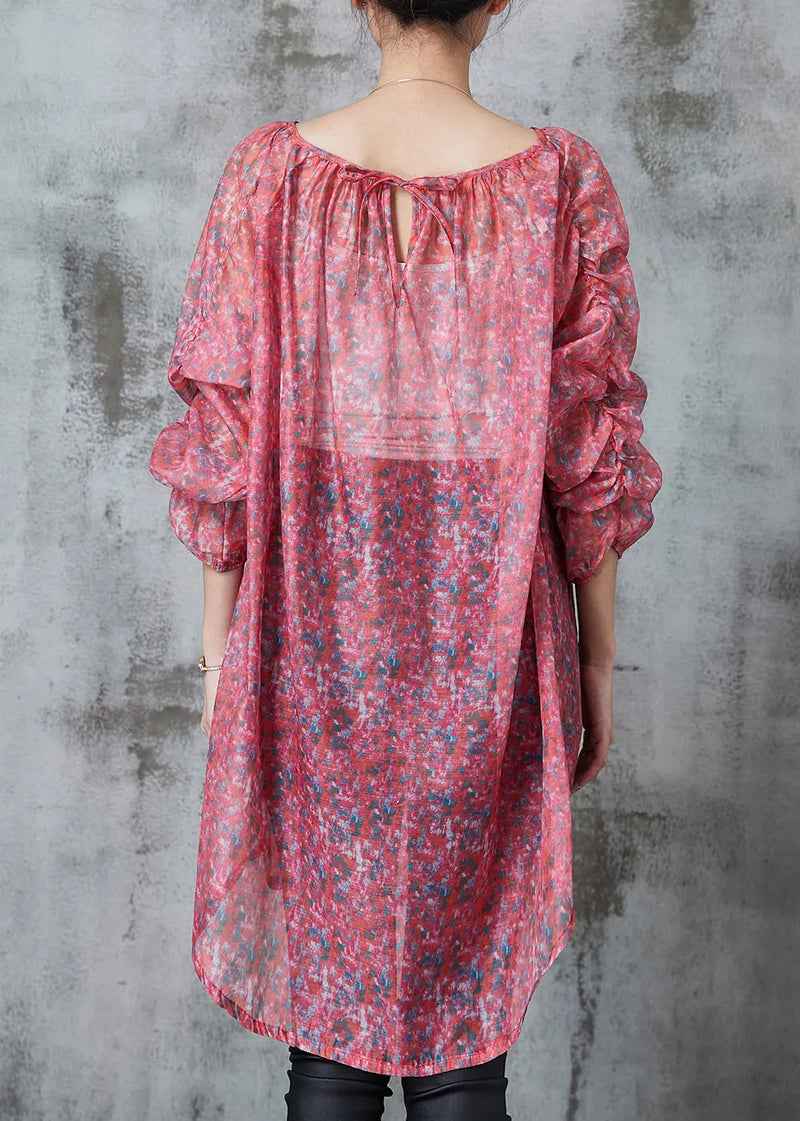 Boutique Red Print Linen Silk Upf 50+ Long Tops Spring