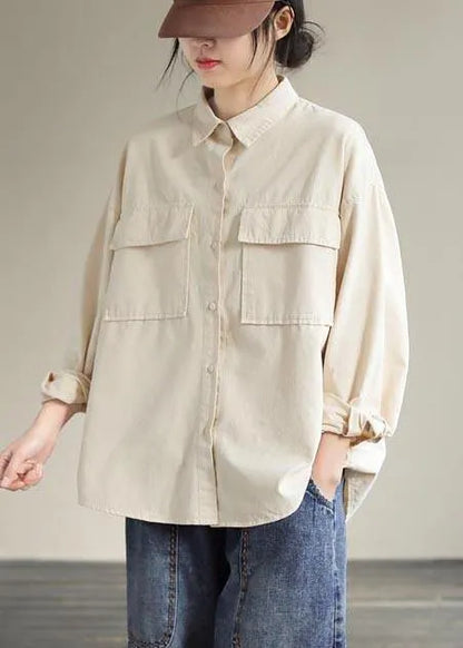 French Beige Tops Lapel Pockets Daily Spring Shirt