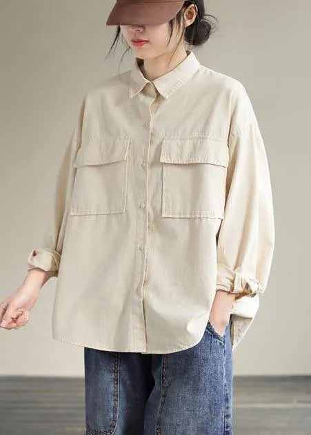 French Beige Tops Lapel Pockets Daily Spring Shirt