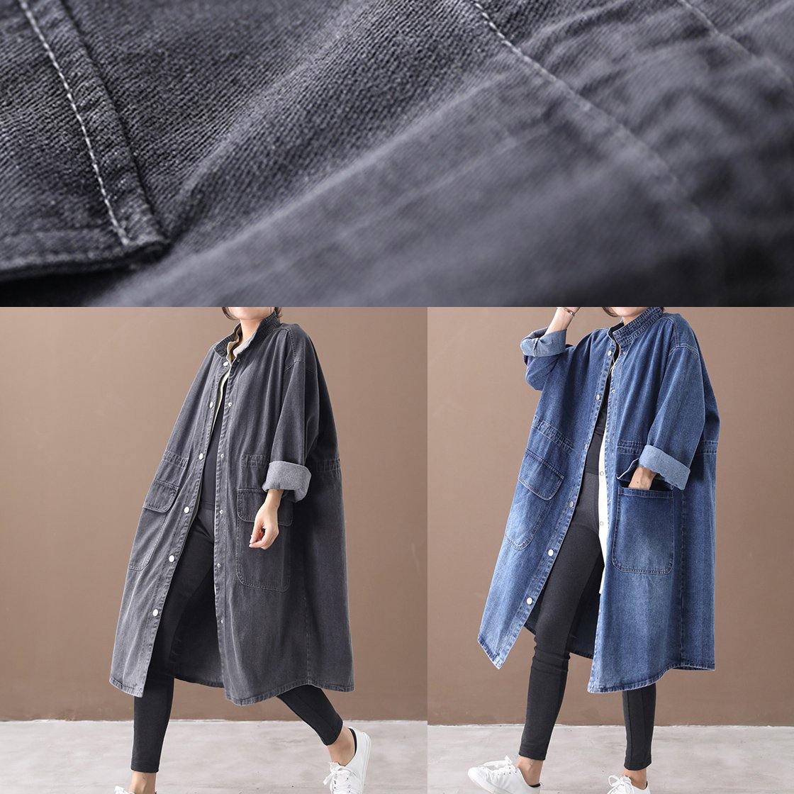 French Denim Blue Box Coat Shape Stand Collar Drawstring Coat