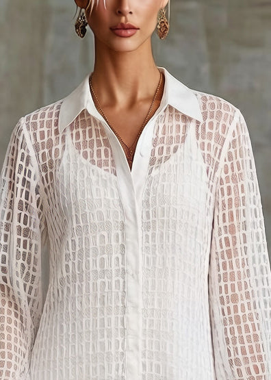 Stylish White Ruffled Hollow Out Tulle Shirt Dress Spring