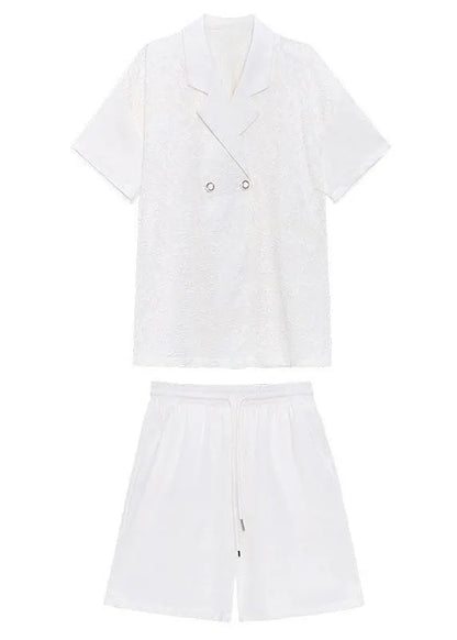 Fitted White Notched Button Down Two Pieces Set