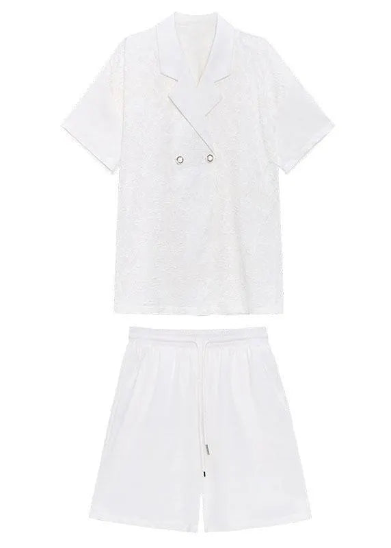 Fitted White Notched Button Down Two Pieces Set