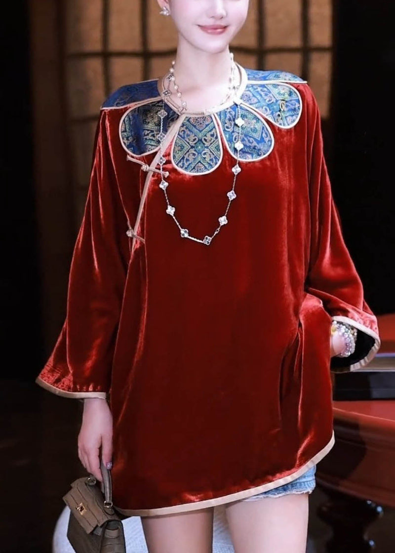 Mulberry O-neck Button Silk Velour Shirt Fall