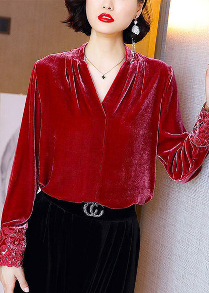 Red V Neck Patchwork Silk Velour Shirt Tops Long Sleeve