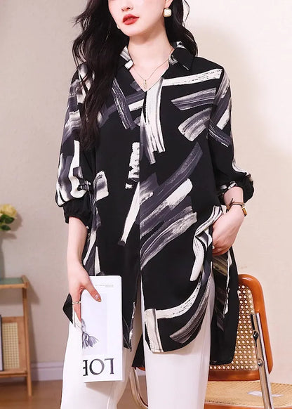 Italian Black V Neck Print Side Open Chiffon Shirt Fall