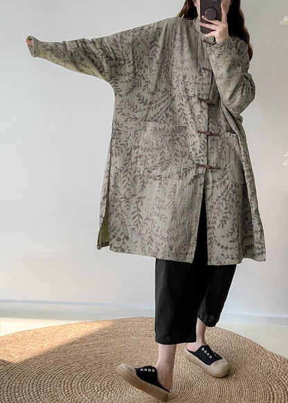 Green Oversized Print Linen Coat Outwear Fall