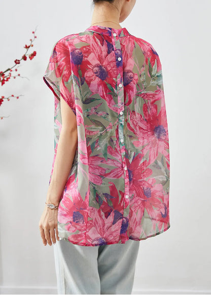 Italian Pink Print Wear on Both Sides Linen Silk Blouse Tops Summer
