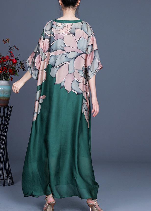 French Green Print Three Quarter Sleeve Silk Summer Dress Two Pieces Set