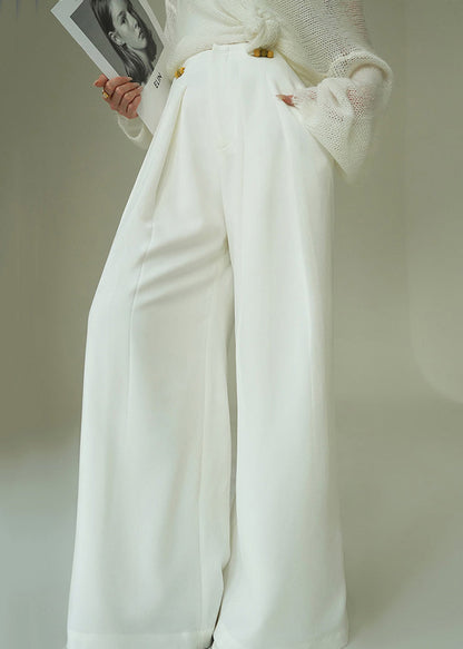 French White Lace Up Pockets High Waist Spandex Wide Leg Pants Fall