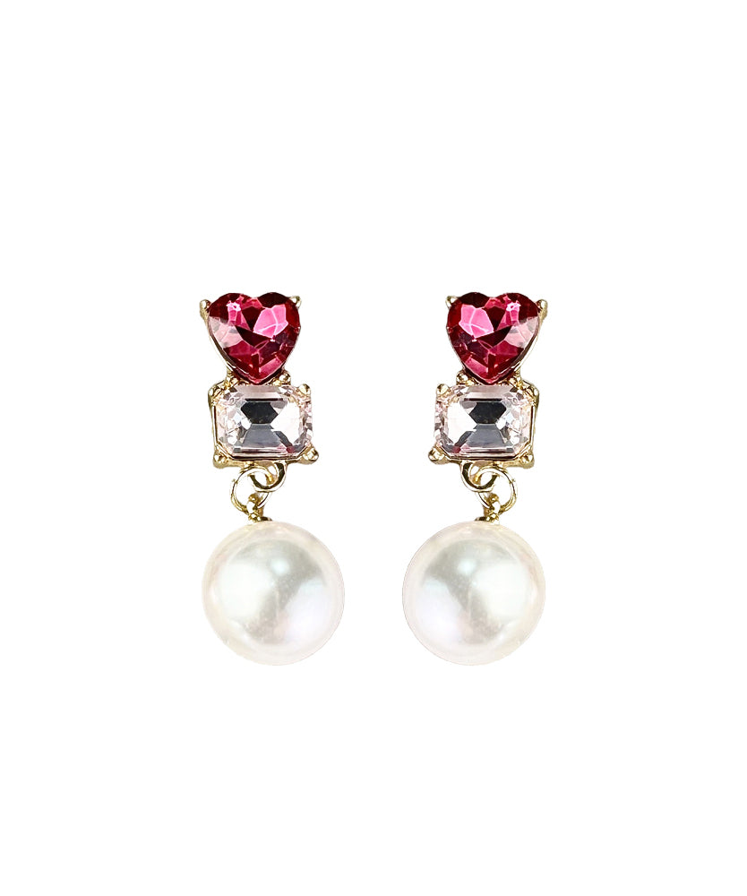 Red Sterling Silver Alloy Love Crystal Zircon Pearldrop Earrings