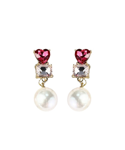 Red Sterling Silver Alloy Love Crystal Zircon Pearldrop Earrings